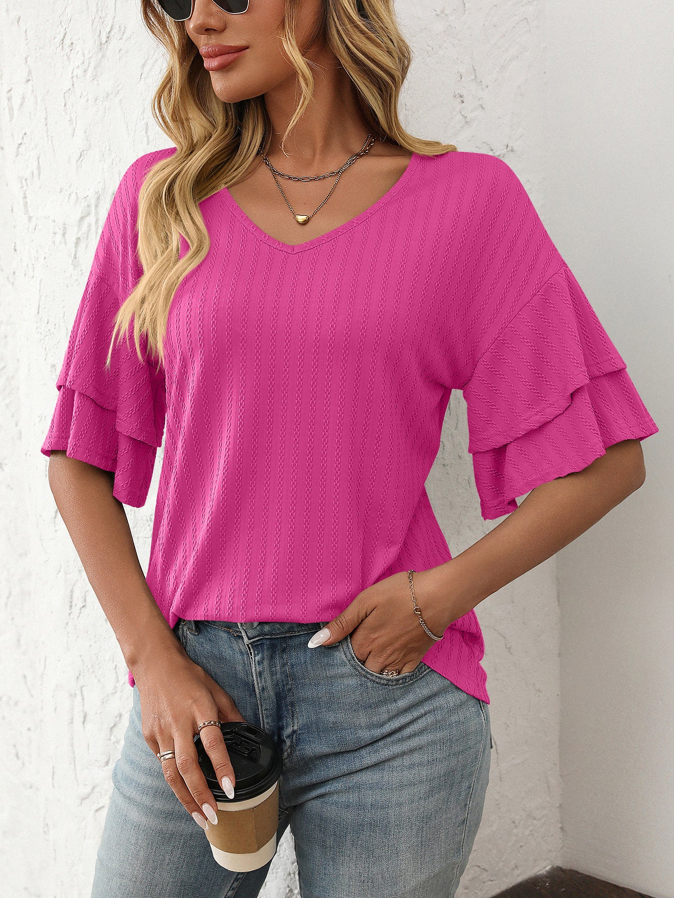 V-Neck Lotus Leaf Sleeve Women’s T-Shirt Top