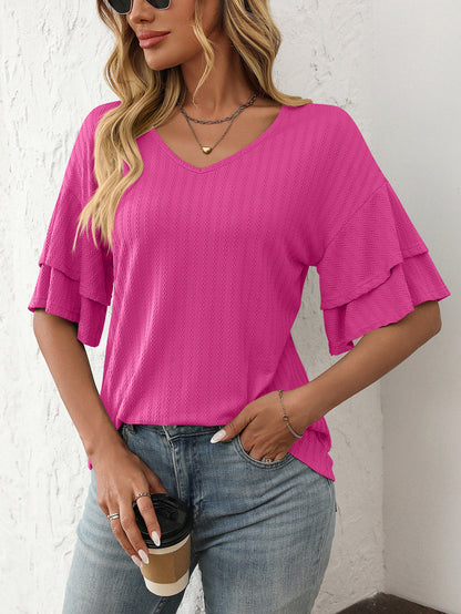 V-Neck Lotus Leaf Sleeve Women’s T-Shirt Top