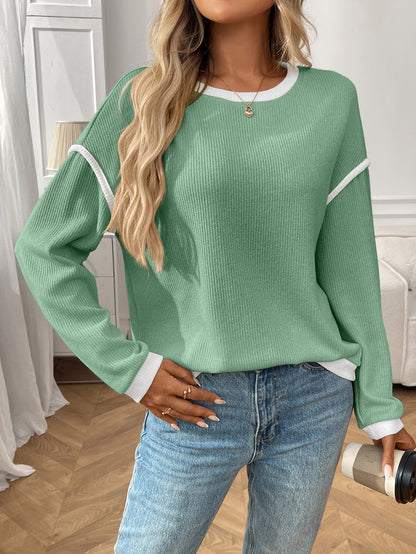 Green Contrast Trim Waffle Knit Long Sleeve Pullover Top