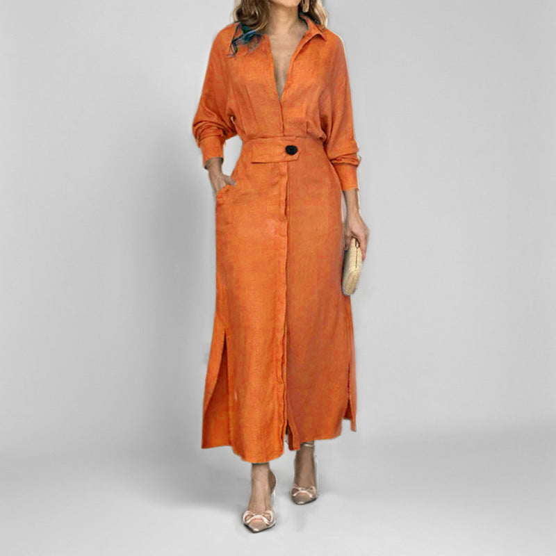 Women's Belted Maxi Shirt Dress Long Sleeve