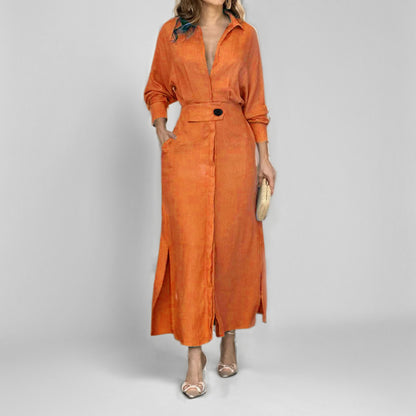 Women's Belted Maxi Shirt Dress Long Sleeve