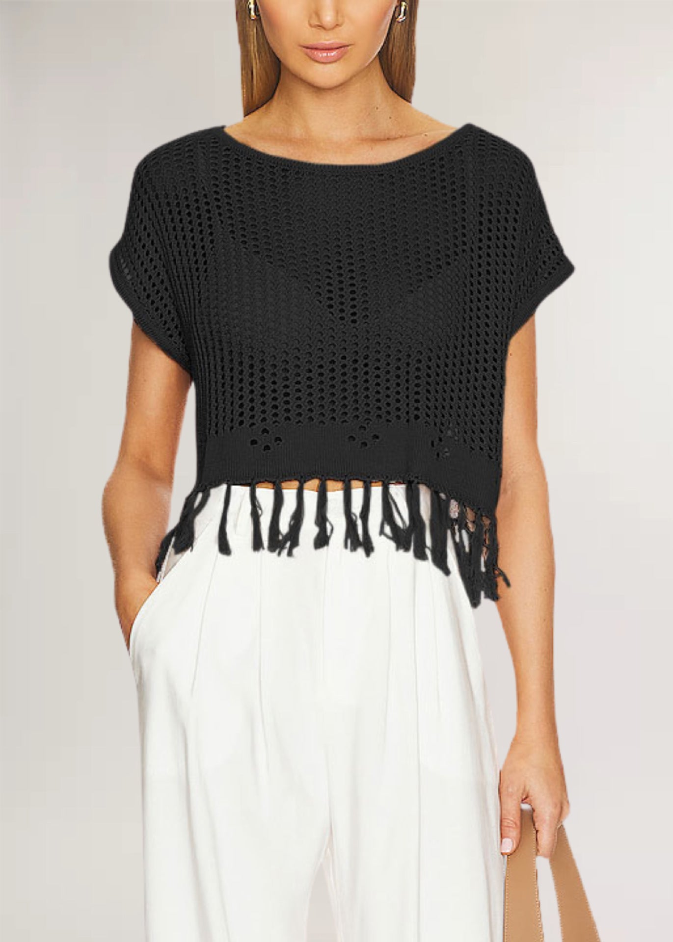 Fringe Knit Top Hollow Out Cropped Beach Cover Up