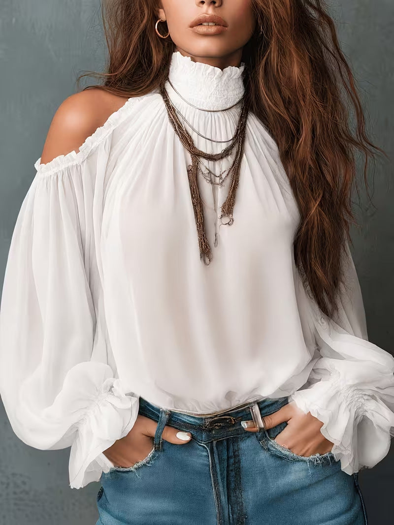 Cold Shoulder Paisley Blouse Balloon Sleeve Smocked Neck