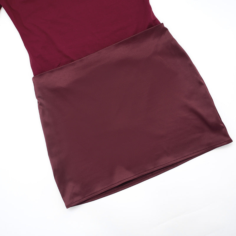 Long Sleeve Crew Neck Bodycon Mini Dress Satin Panel
