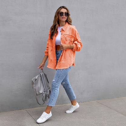 Women's Oversized Denim Jacket Distressed Frayed Hem