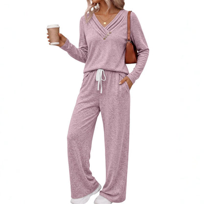 Casual V-Neck Button Top Wide Leg Pants Matching Set