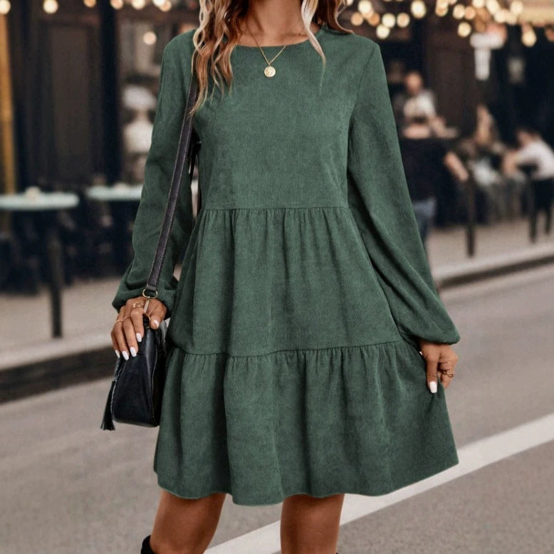 Women's Corduroy Long Sleeve Tiered Fall Casual Midi Dress