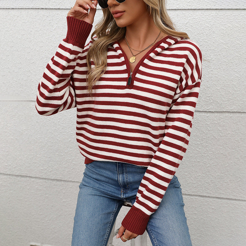 Women's V-neck Striped Christmas Hooded Sweater