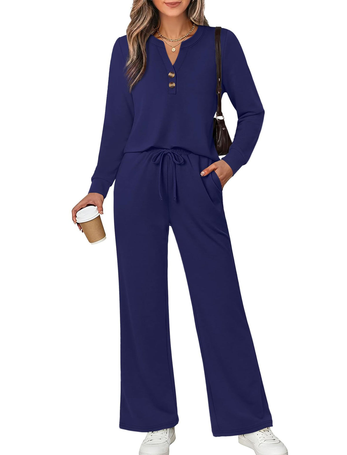 Women's 2 Piece Lounge Set Henley Top Wide Leg Pants