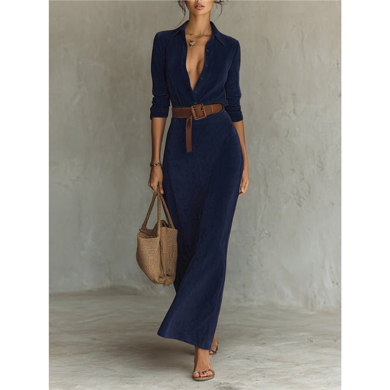 Faux Suede Belted Maxi Shirt Dress Long Sleeve