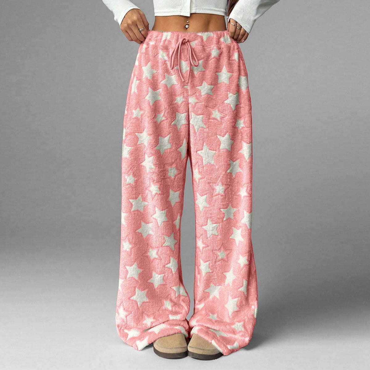 Fuzzy Star Print Wide Leg High Waist Lounge Pants