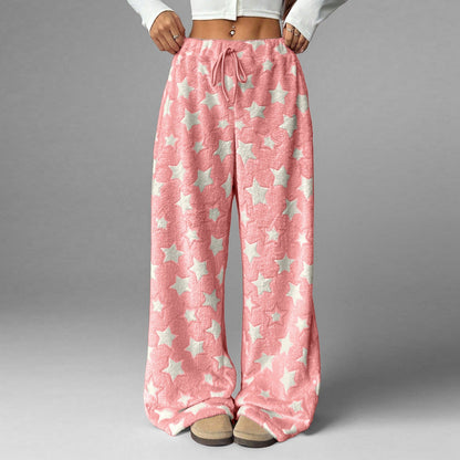 Fuzzy Star Print Wide Leg High Waist Lounge Pants