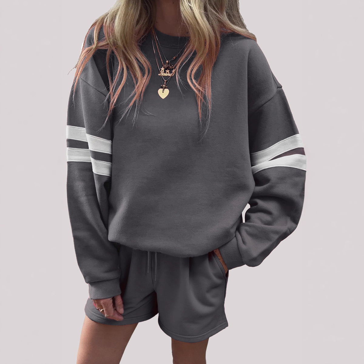 Women's Oversized Striped Sweatshirt Shorts Set