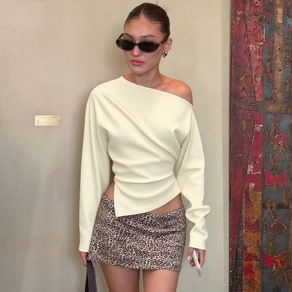 One Shoulder Side Slit Long Sleeve Fitted Top