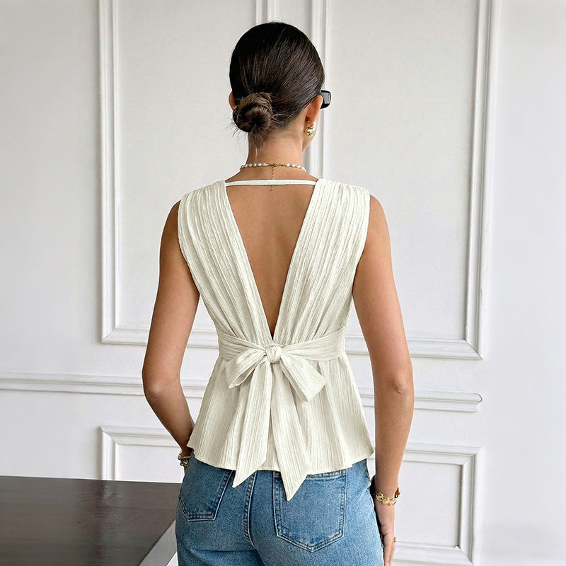 New V-Neck Tie-Back Waist Cinch Sleeveless Blouse – Summer Women’s Top