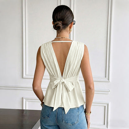 New V-Neck Tie-Back Waist Cinch Sleeveless Blouse – Summer Women’s Top