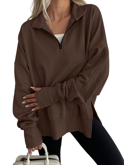 Women's Oversized Quarter Zip Sweatshirt Side Slit Pullover