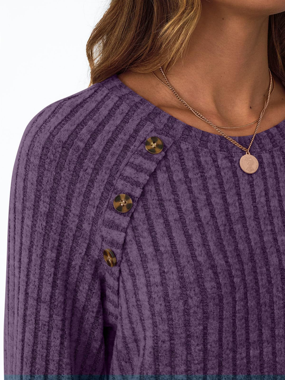 Ribbed Knit Crewneck Sweatshirt with Button Detail