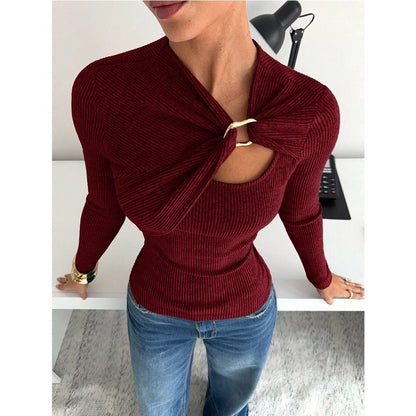 Ribbed Knit Metal Buckle Ruched Slim Fit Long Sleeve Top