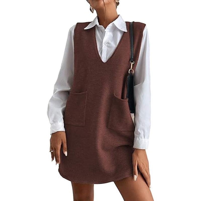 Women's Sleeveless Knit V-Neck Sweater Vest Dress
