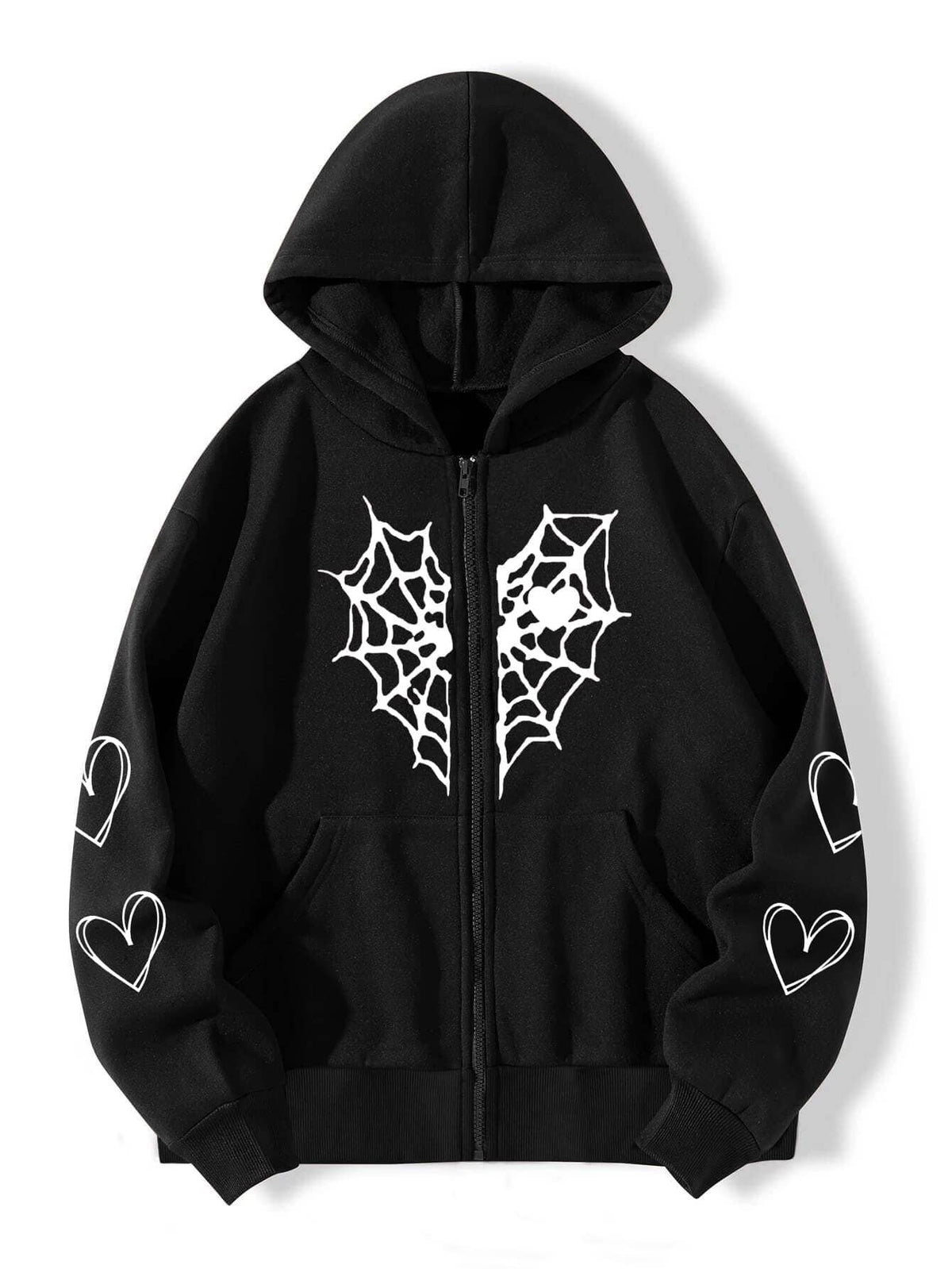 Women's Gothic Spider Web Heart Print Zip Up Hoodie