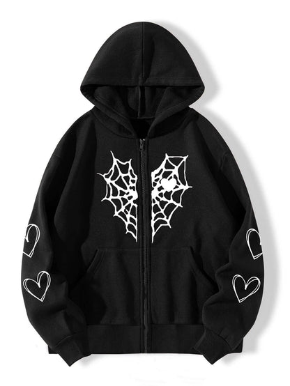 Women's Gothic Spider Web Heart Print Zip Up Hoodie