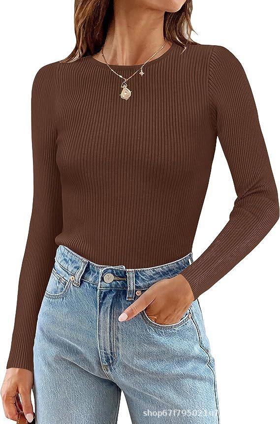 Women's Basic Ribbed Crew Neck Long Sleeve Knit Top