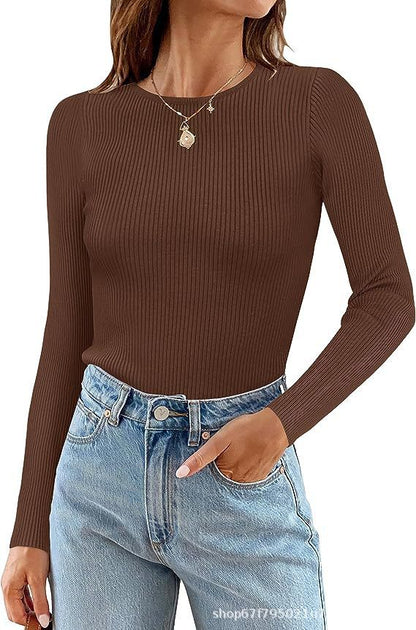Women's Basic Ribbed Crew Neck Long Sleeve Knit Top