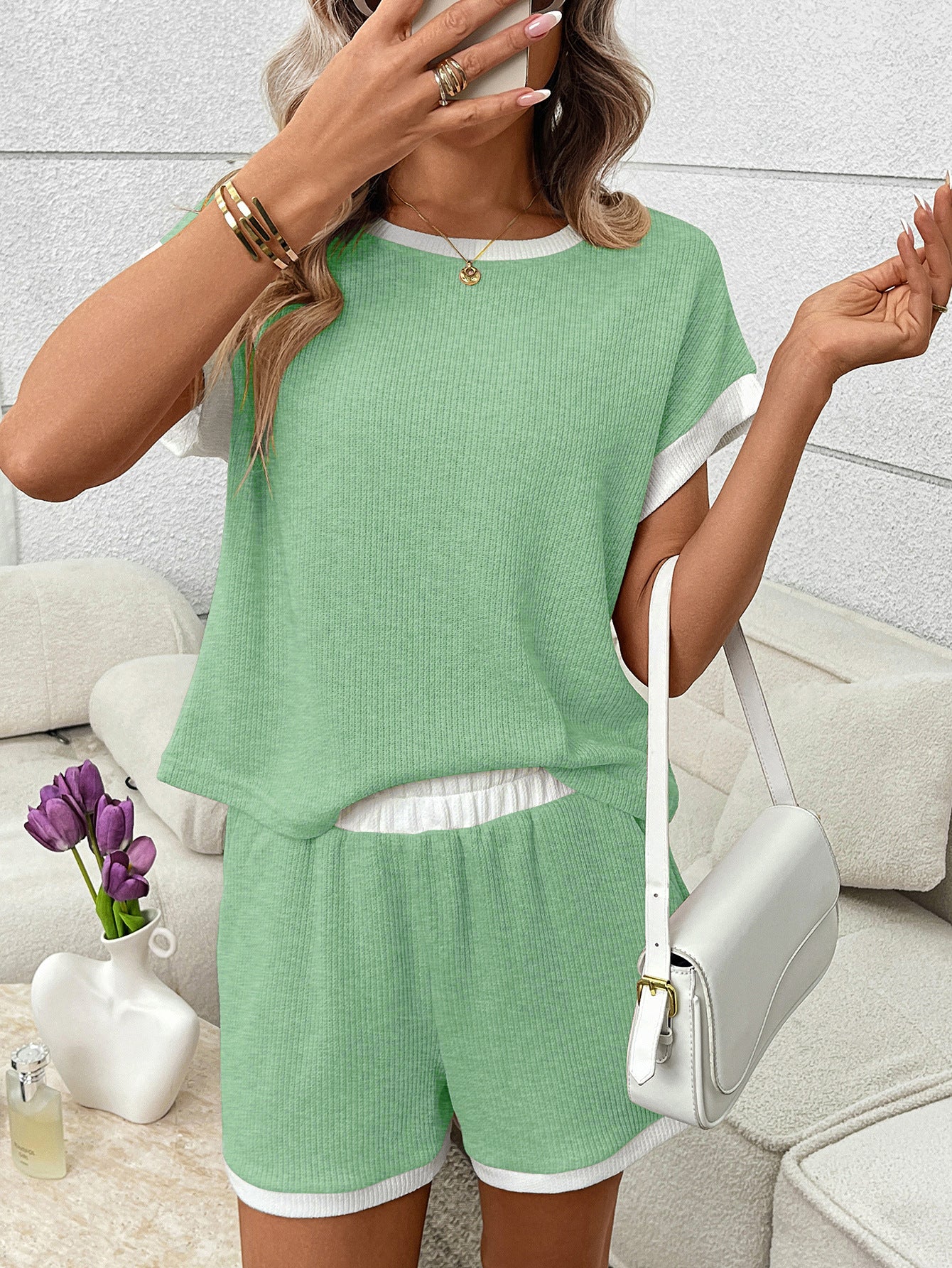 Green Ribbed Lounge Set Contrast Trim Tee Shorts Set