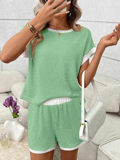 Green Ribbed Lounge Set Contrast Trim Tee Shorts Set