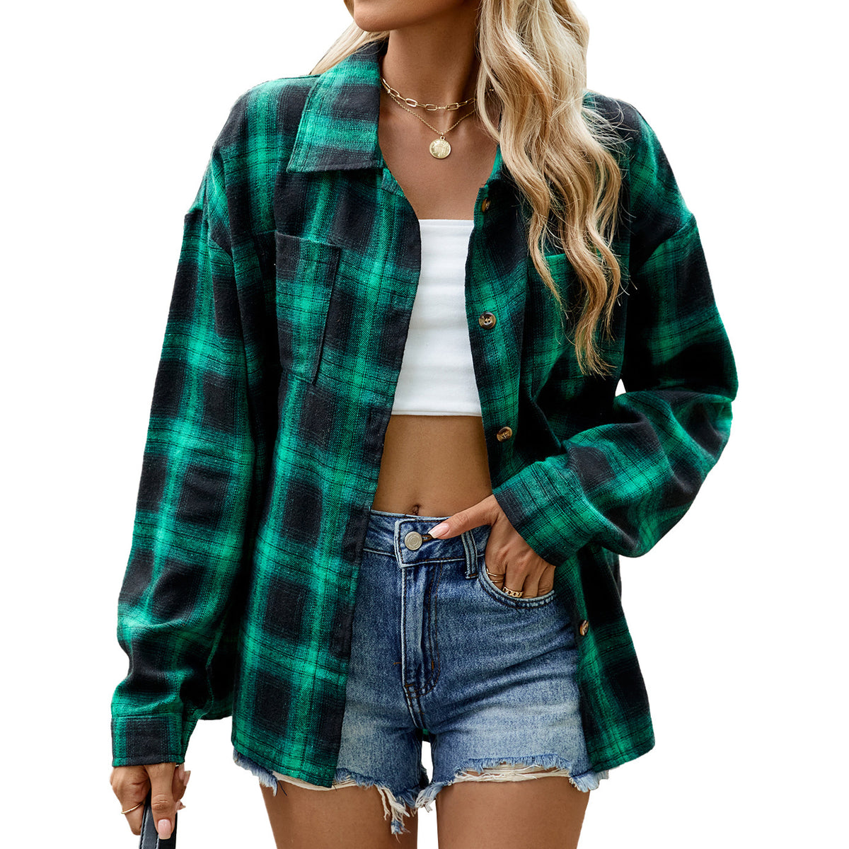 Women's Oversized Plaid Shacket Long Sleeve Button Down