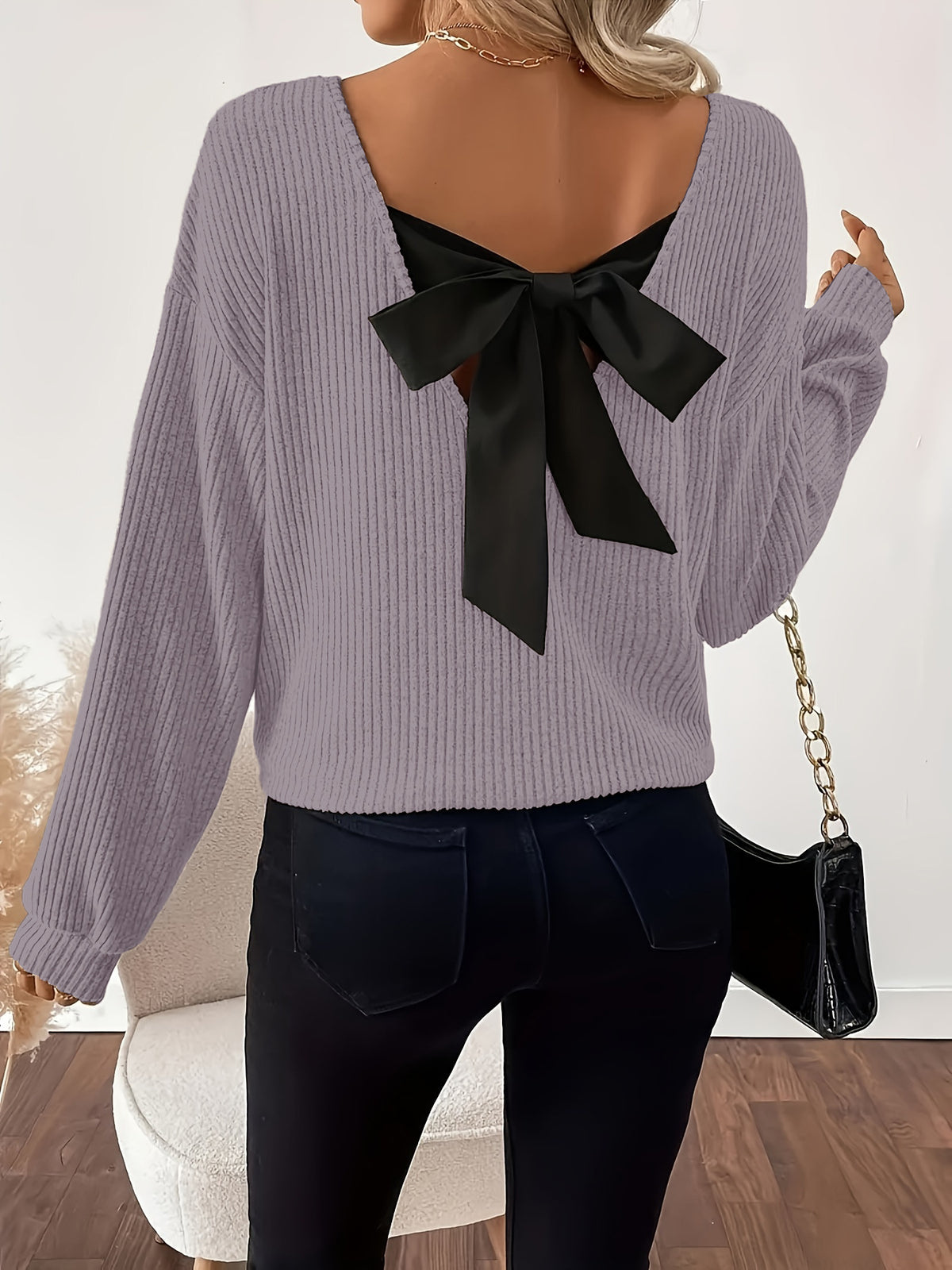 Women's V-Neck Bow Back Ribbed Long Sleeve Loose Fit Top
