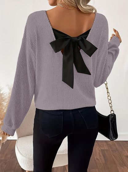 Women's V-Neck Bow Back Ribbed Long Sleeve Loose Fit Top