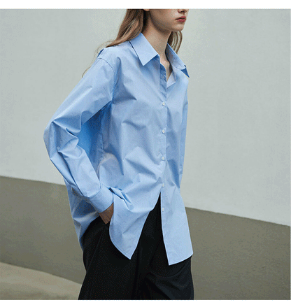 Women’s Cotton Mid-Length Button-Up Shirt Loose Casual Top
