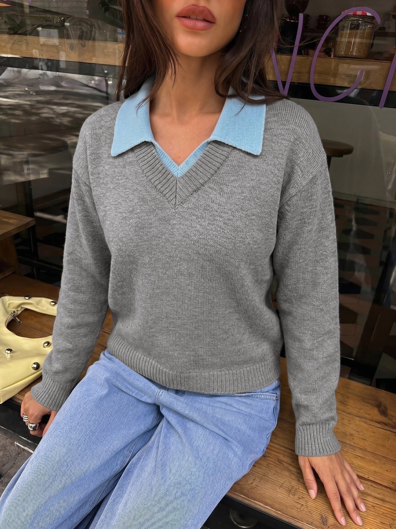 Women's Layered Collar Knit Sweater Casual Pullover