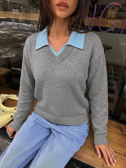 Women's Layered Collar Knit Sweater Casual Pullover