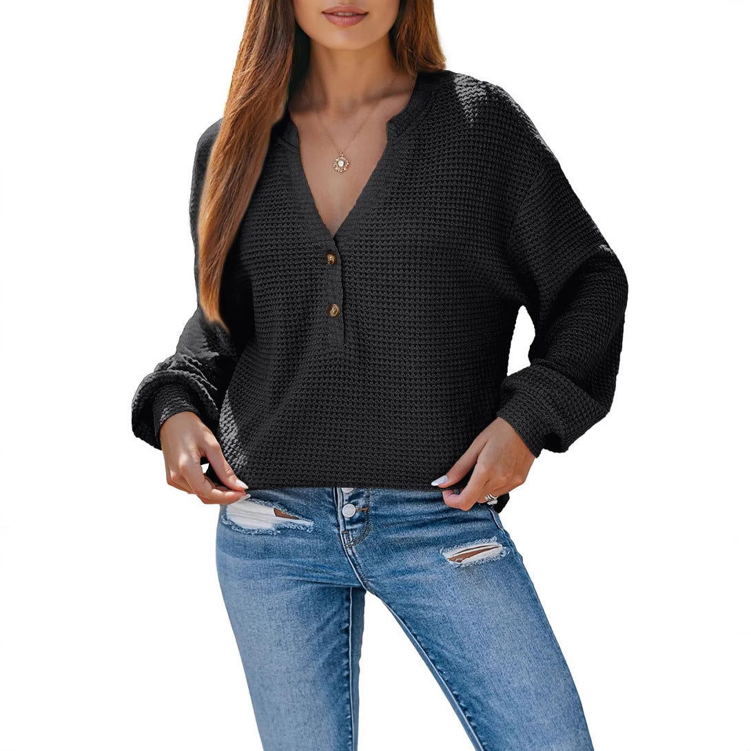 Women's Waffle Knit Long Sleeve Henley Top