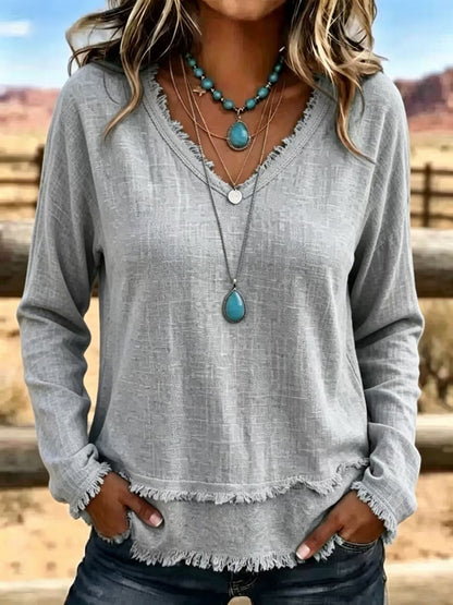 Women's Frayed Hem V-Neck Long Sleeve Casual Top
