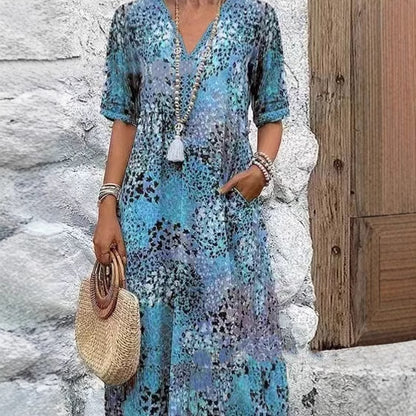 Women's Boho V-Neck Short Sleeve Maxi Dress with Pockets