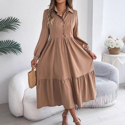 Women's Collared Long Sleeve Tiered Maxi Shirt Dress