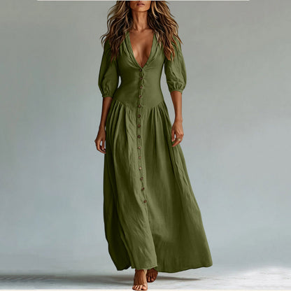 Cotton Button Down Maxi Dress Puff Sleeve V Neck Summer