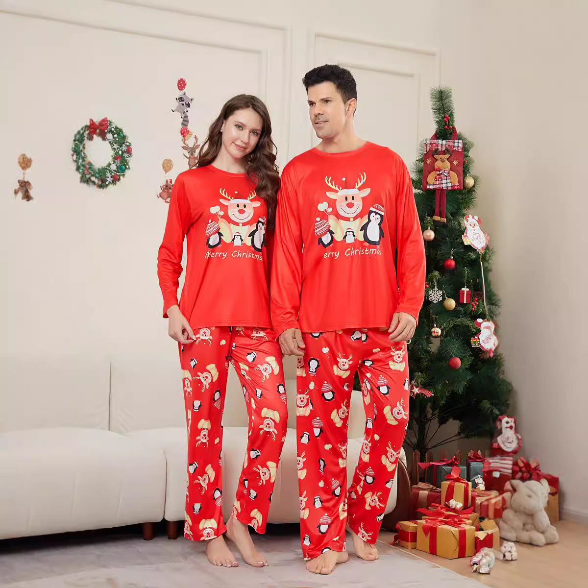 Deer Penguin Alphabet Christmas Parent-Child Dress Printed Christmas Pajamas