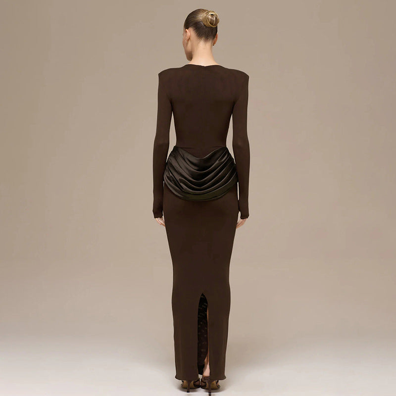 Women's Boat Neck Long Sleeve Ruched Bodycon Maxi Dress