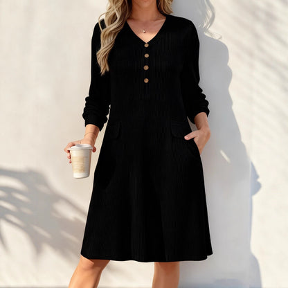 Ribbed V Neck Button Long Sleeve Midi Knit Dress Pockets