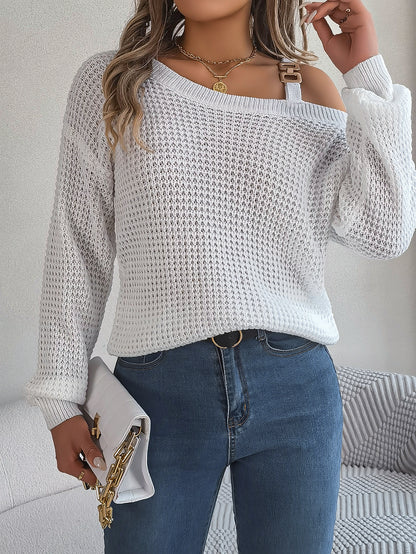 2025 Fall Winter Casual Off-Shoulder Lantern Sleeve Sweater with Metal Accents