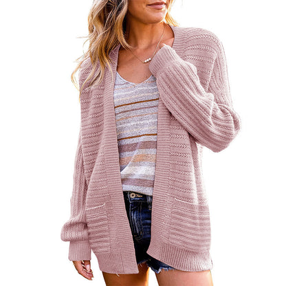 Women's Open Front Balloon Sleeve Cardigan with Pockets