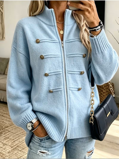 Womens Oversized Zip Up Cardigan Button Detail Mock Neck