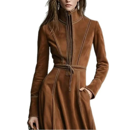 Vintage Faux Suede Long Sleeve Belted Zip Front Maxi Dress