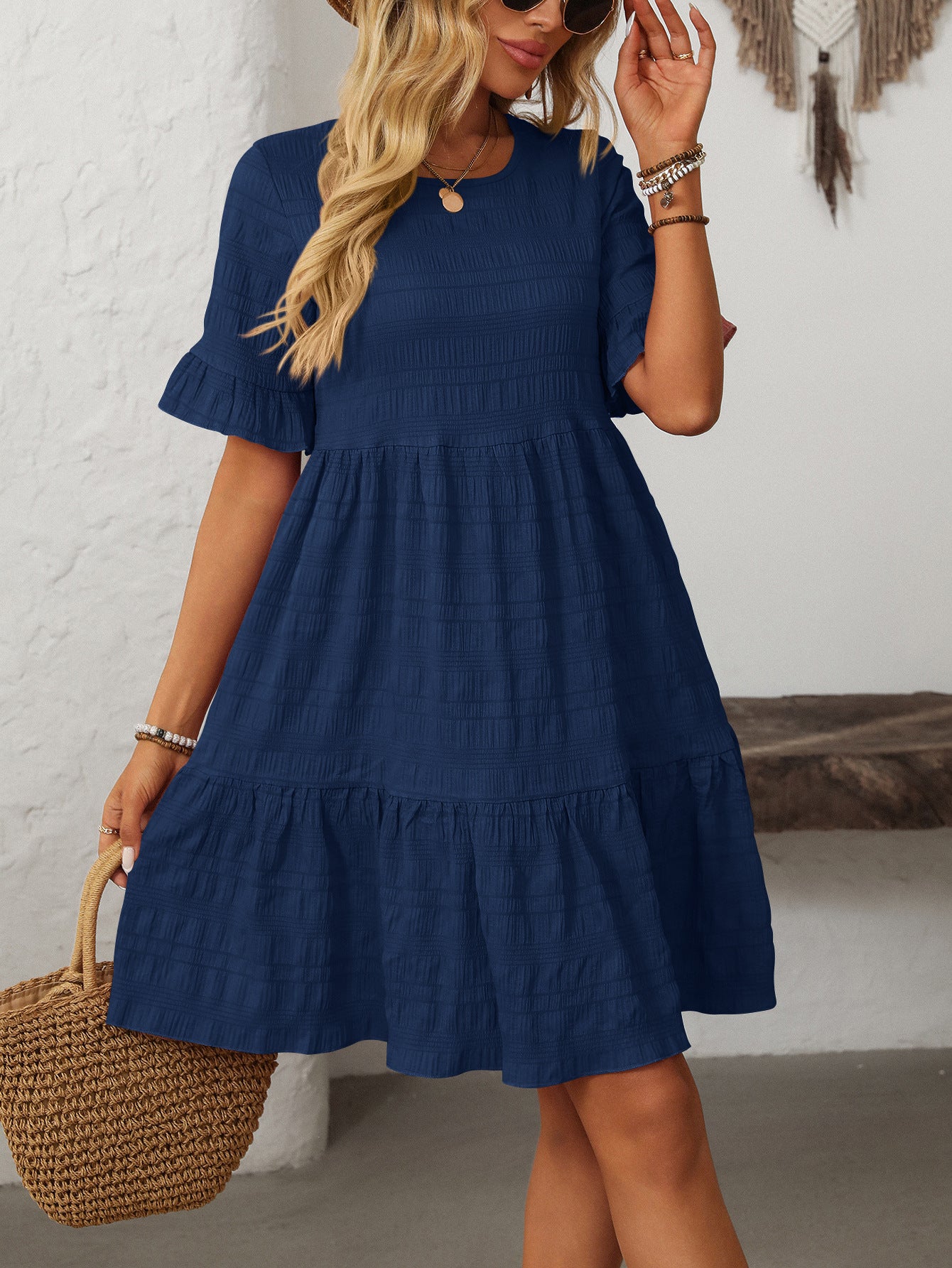 Textured Smocked Short Sleeve Tiered Midi Dress