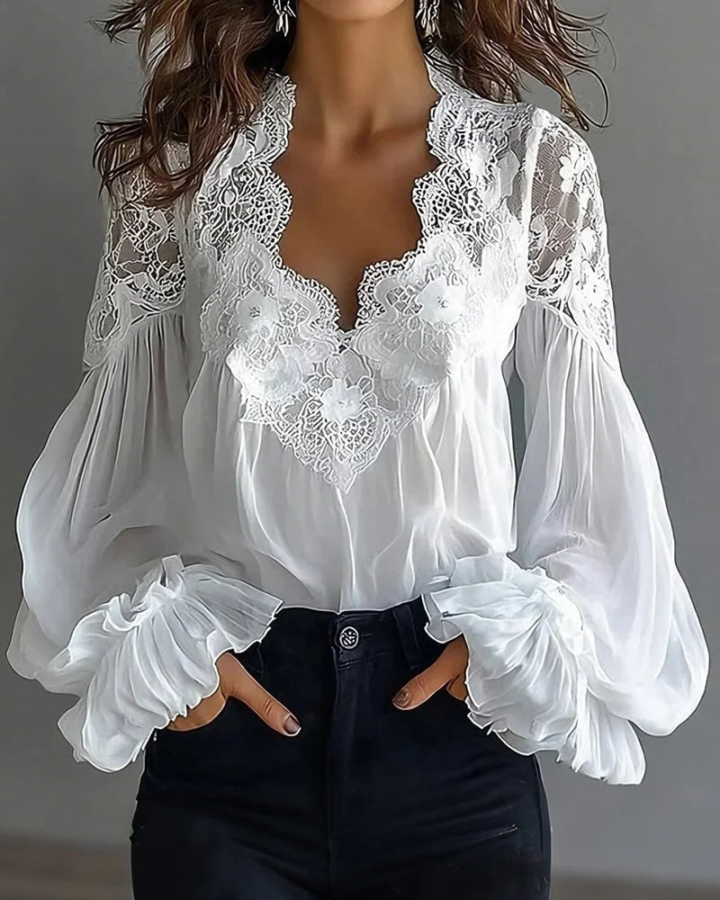 Women's Lace V-Neck Puff Sleeve Pleated Blouse